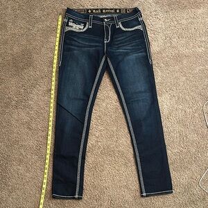 Rock Revival Blue Mid Rise Skinny Jeans with Contrast Stitching